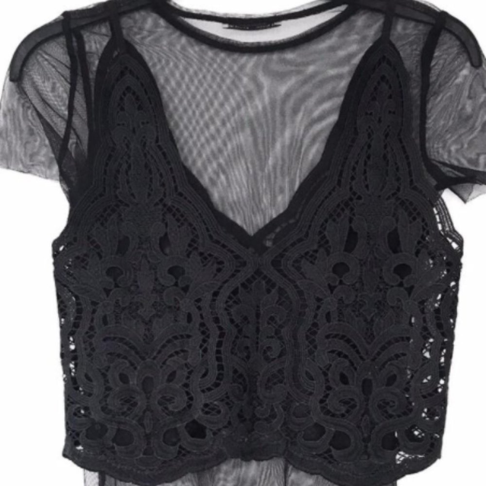 Black Top with Lace Overlay